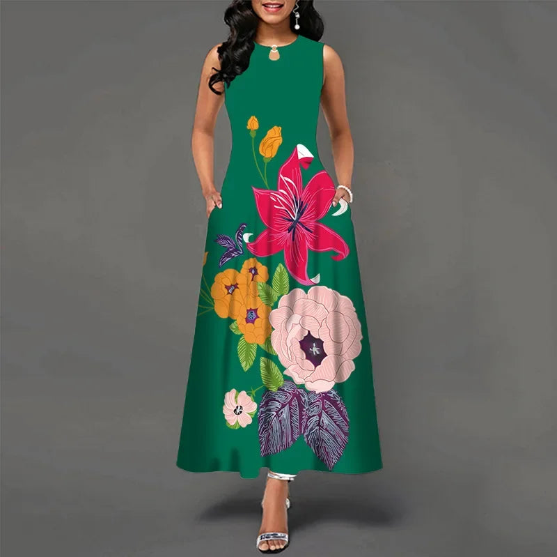 Flower Print New Casual Sleeveless Long Dress Linfit Retro Dresses