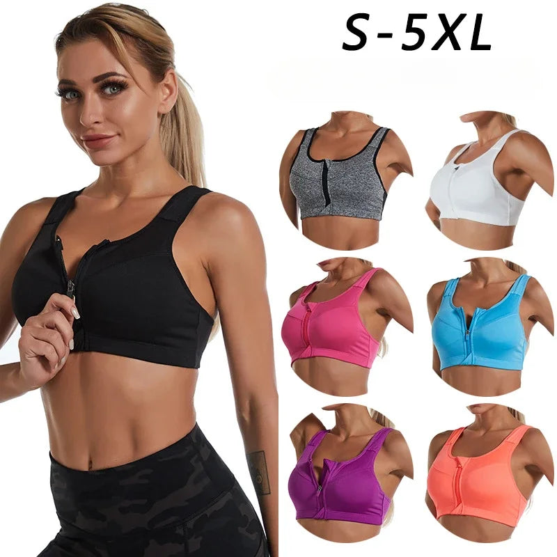 Front Zipper Large Size Sports Bra Shockproof Sports Support Fitness Vest Bras Women Push Up Cross Back Underwear S-5XL