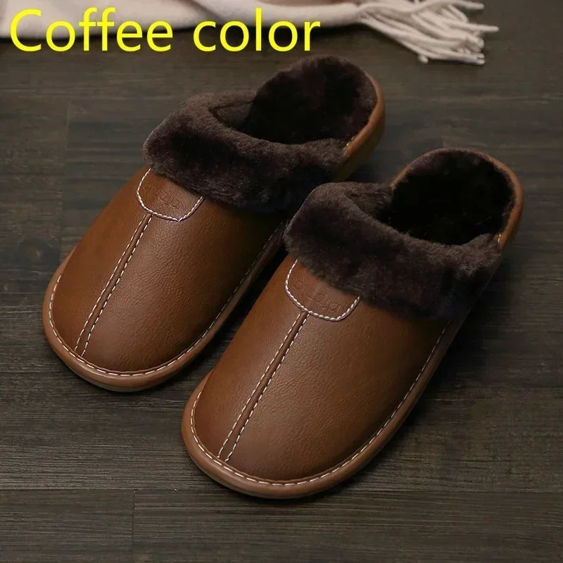 Men And Women Warm Leather Slippers