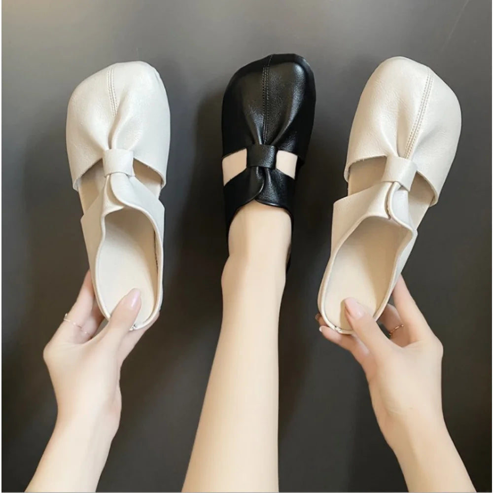 Retro Women Shoes Summer Flat Slippers Leather Sandals