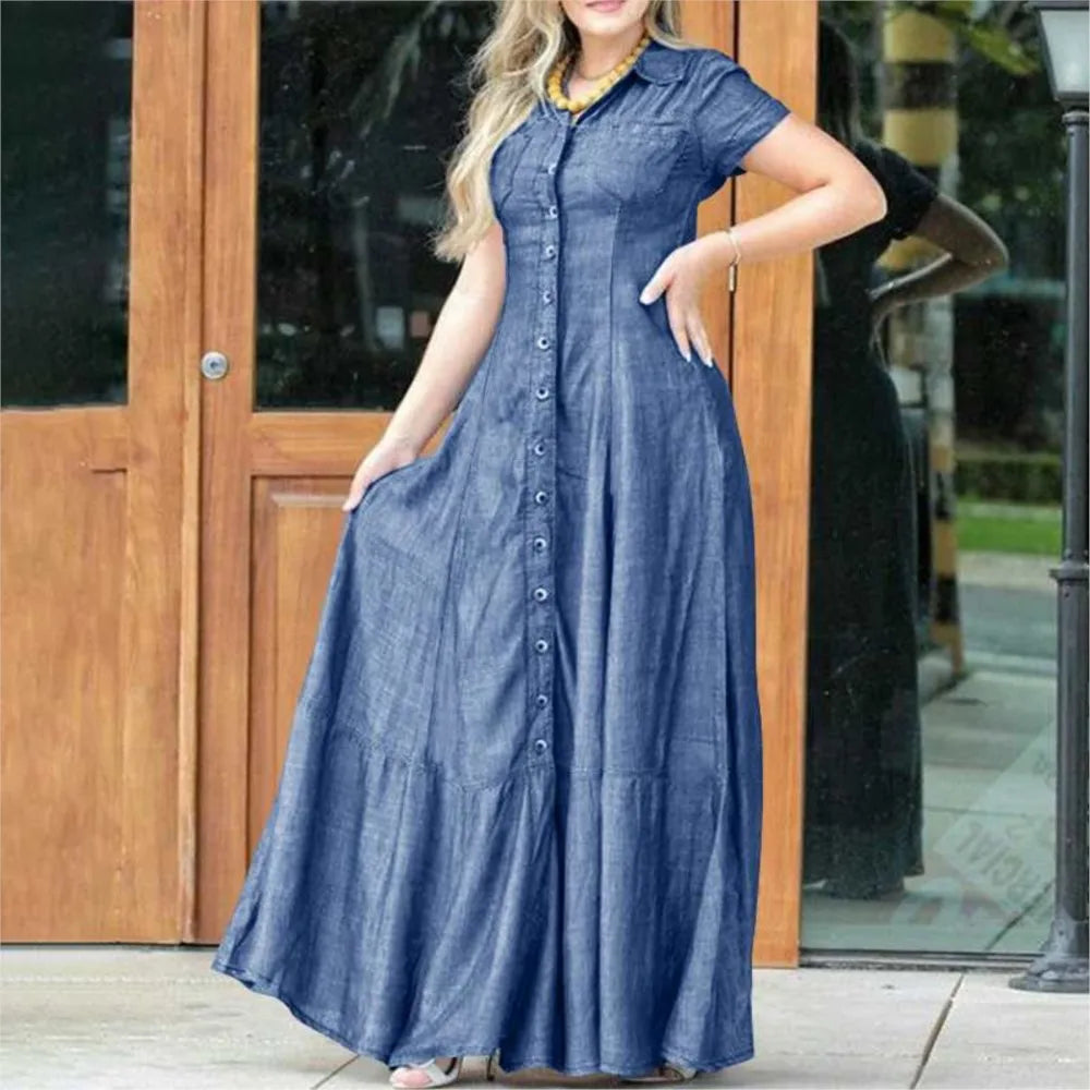 2024 Women New Lapel Pocket Splicing Casual Short Sleeved Swing Denim Dress