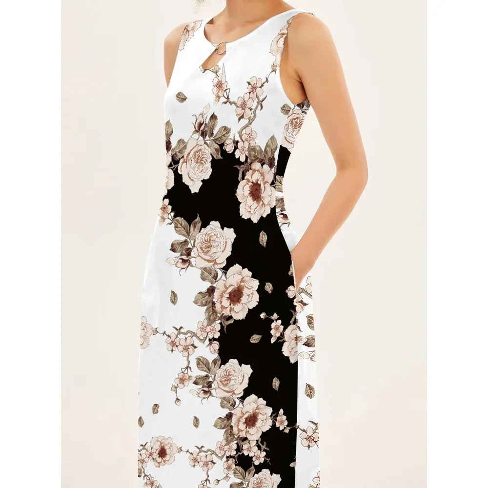 Flower Print New Casual Sleeveless Long Dress Linfit Retro Dresses