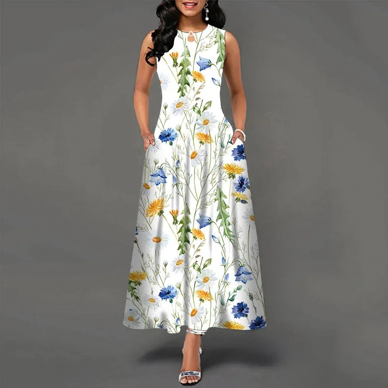 Flower Print New Casual Sleeveless Long Dress Linfit Retro Dresses