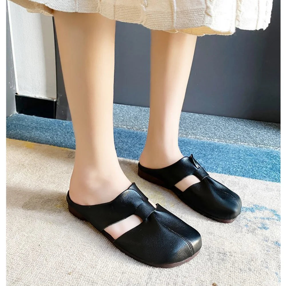 Retro Women Shoes Summer Flat Slippers Leather Sandals