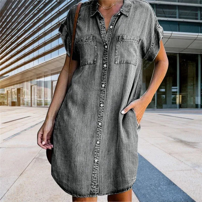 Women Denim Shirt Dresses Short Sleeve Distressed Jean Dress Button Down Casual Fashion Tunic Top