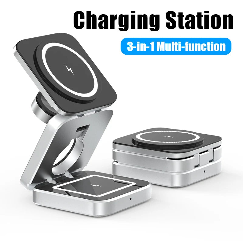 3 In 1 Foldable Magnetic Wireless Charger iPhone 15, 14, 13 Pro/Max/Plus, AirPods 3/2 Station Dock Fast Charger Holder