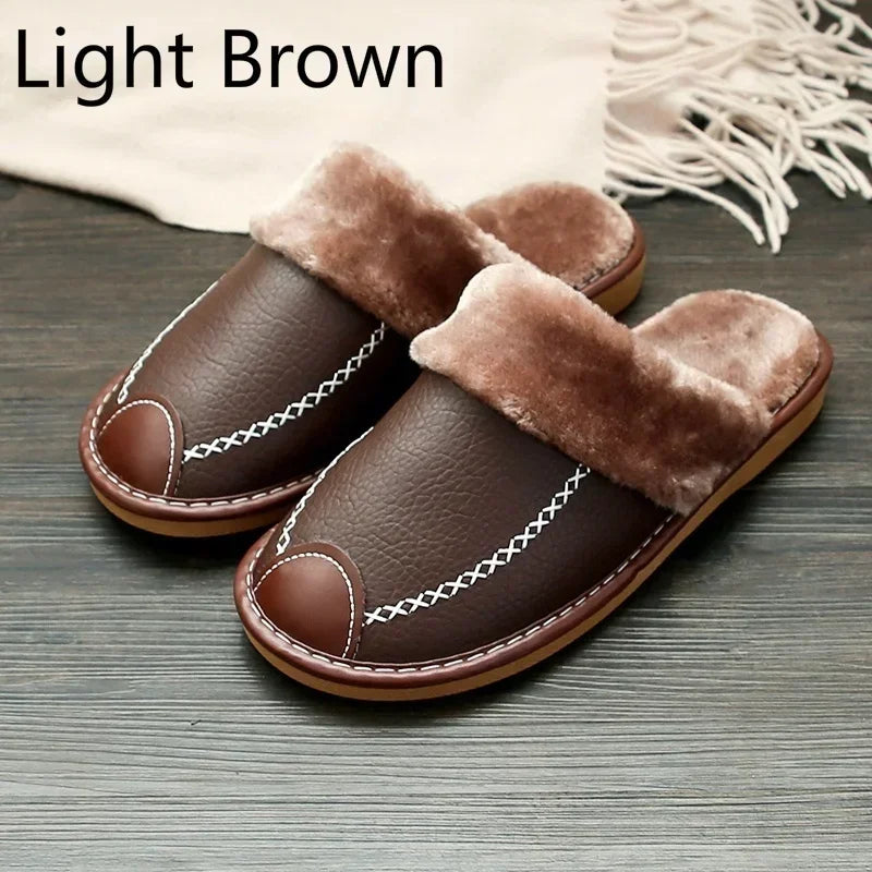 Men And Women Warm Leather Slippers