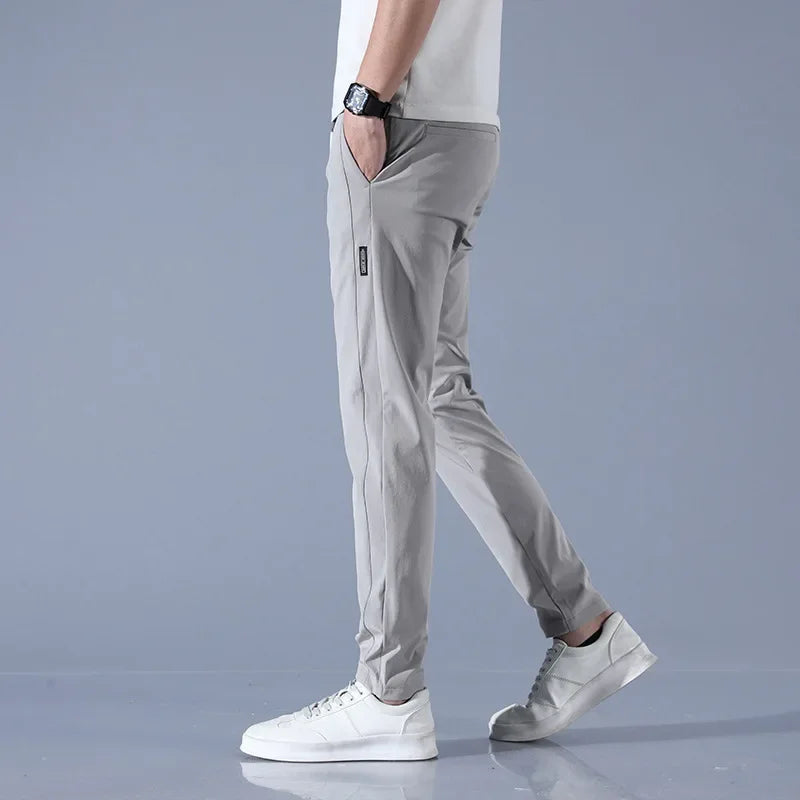 Ice Silk Men's Pants Summer New Black Gray Thin Business Casual Pants Outdoor Elastic