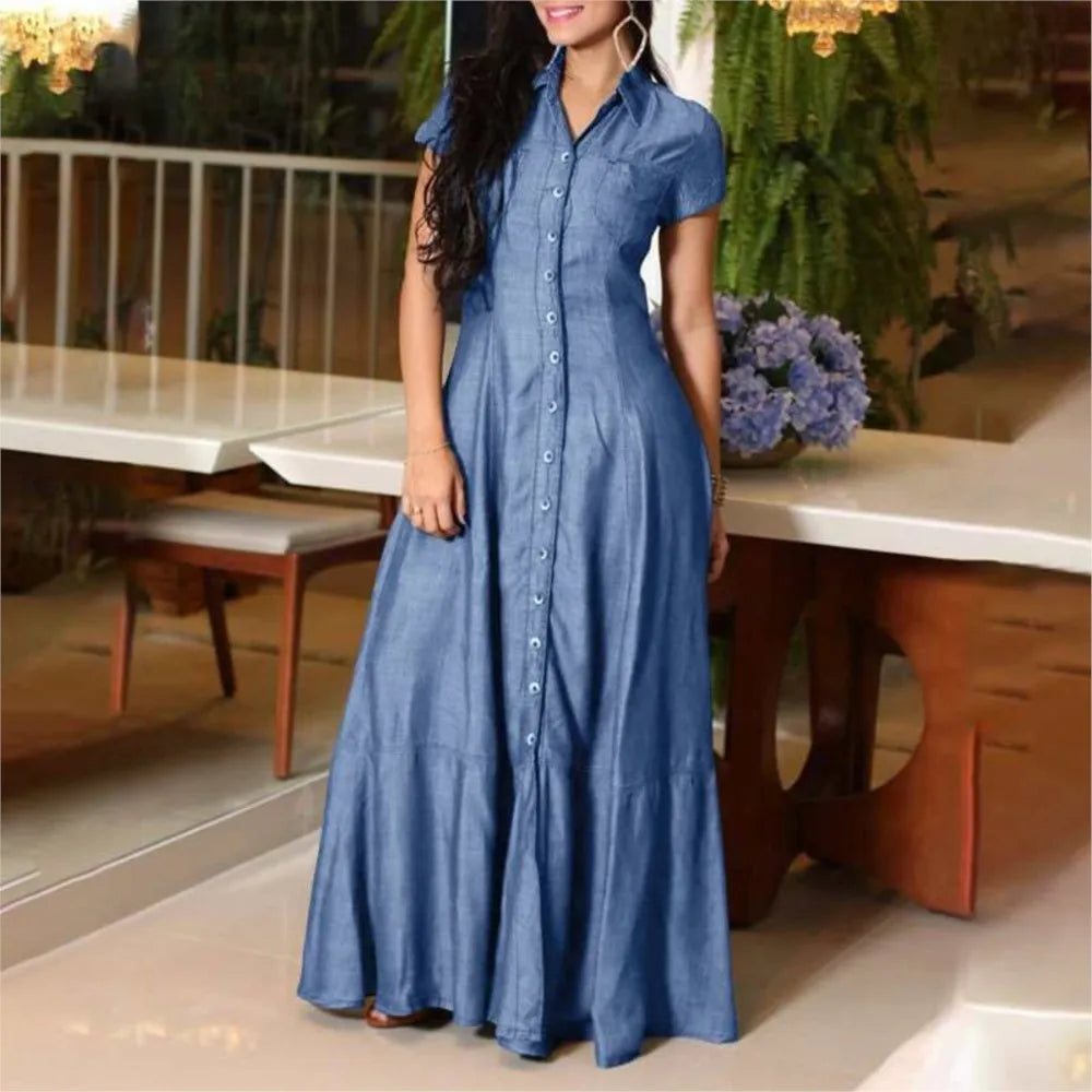 2024 Women New Lapel Pocket Splicing Casual Short Sleeved Swing Denim Dress