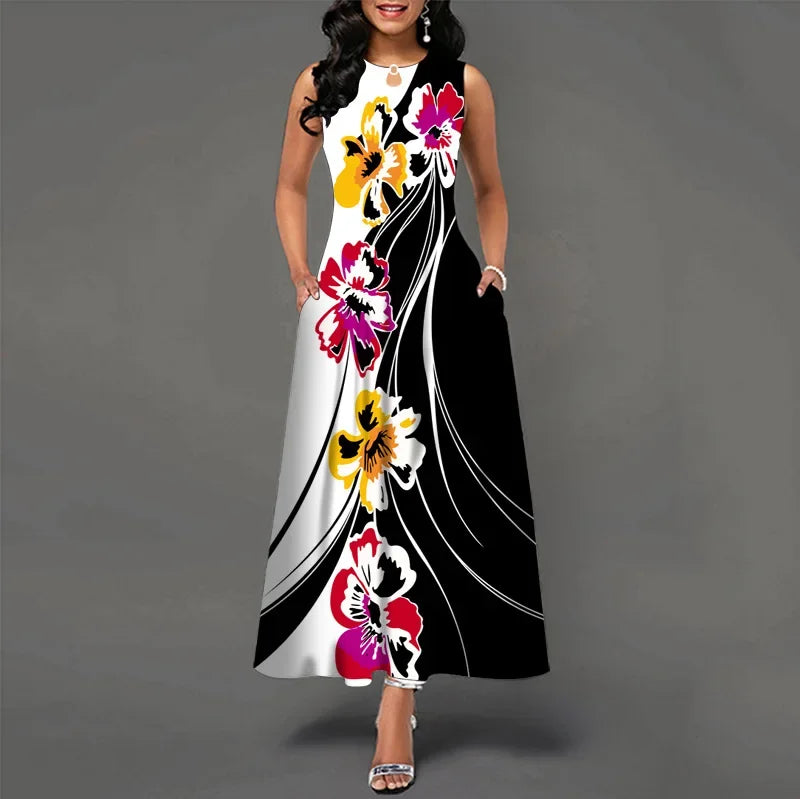 Flower Print New Casual Sleeveless Long Dress Linfit Retro Dresses