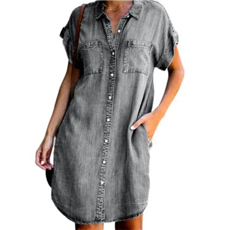 Women Denim Shirt Dresses Short Sleeve Distressed Jean Dress Button Down Casual Fashion Tunic Top