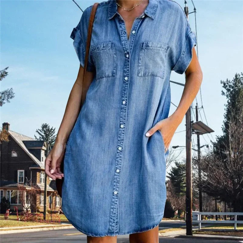 Women Denim Shirt Dresses Short Sleeve Distressed Jean Dress Button Down Casual Fashion Tunic Top