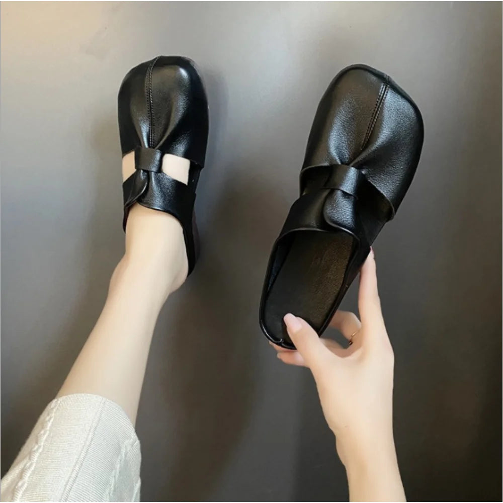 Retro Women Shoes Summer Flat Slippers Leather Sandals