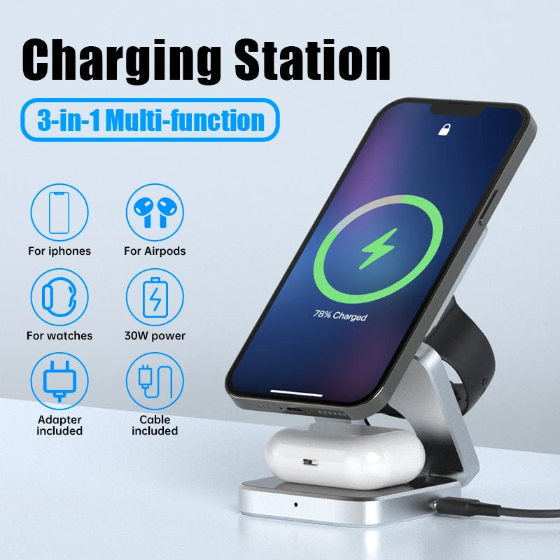 3 In 1 Foldable Magnetic Wireless Charger iPhone 15, 14, 13 Pro/Max/Plus, AirPods 3/2 Station Dock Fast Charger Holder