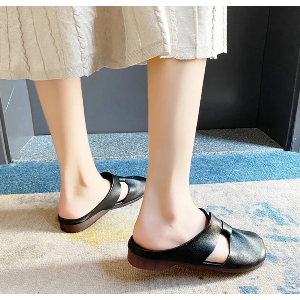 Retro Women Shoes Summer Flat Slippers Leather Sandals