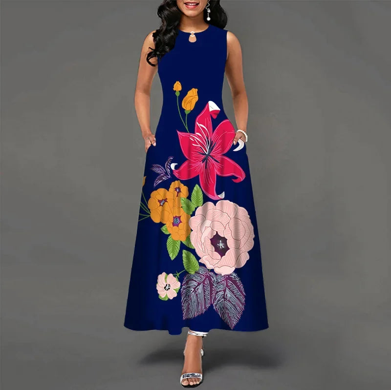 Flower Print New Casual Sleeveless Long Dress Linfit Retro Dresses