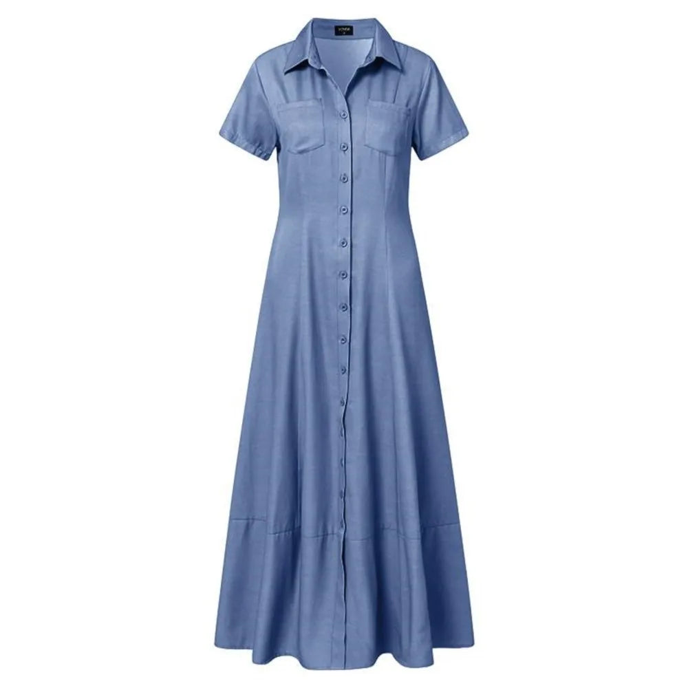 2024 Women New Lapel Pocket Splicing Casual Short Sleeved Swing Denim Dress