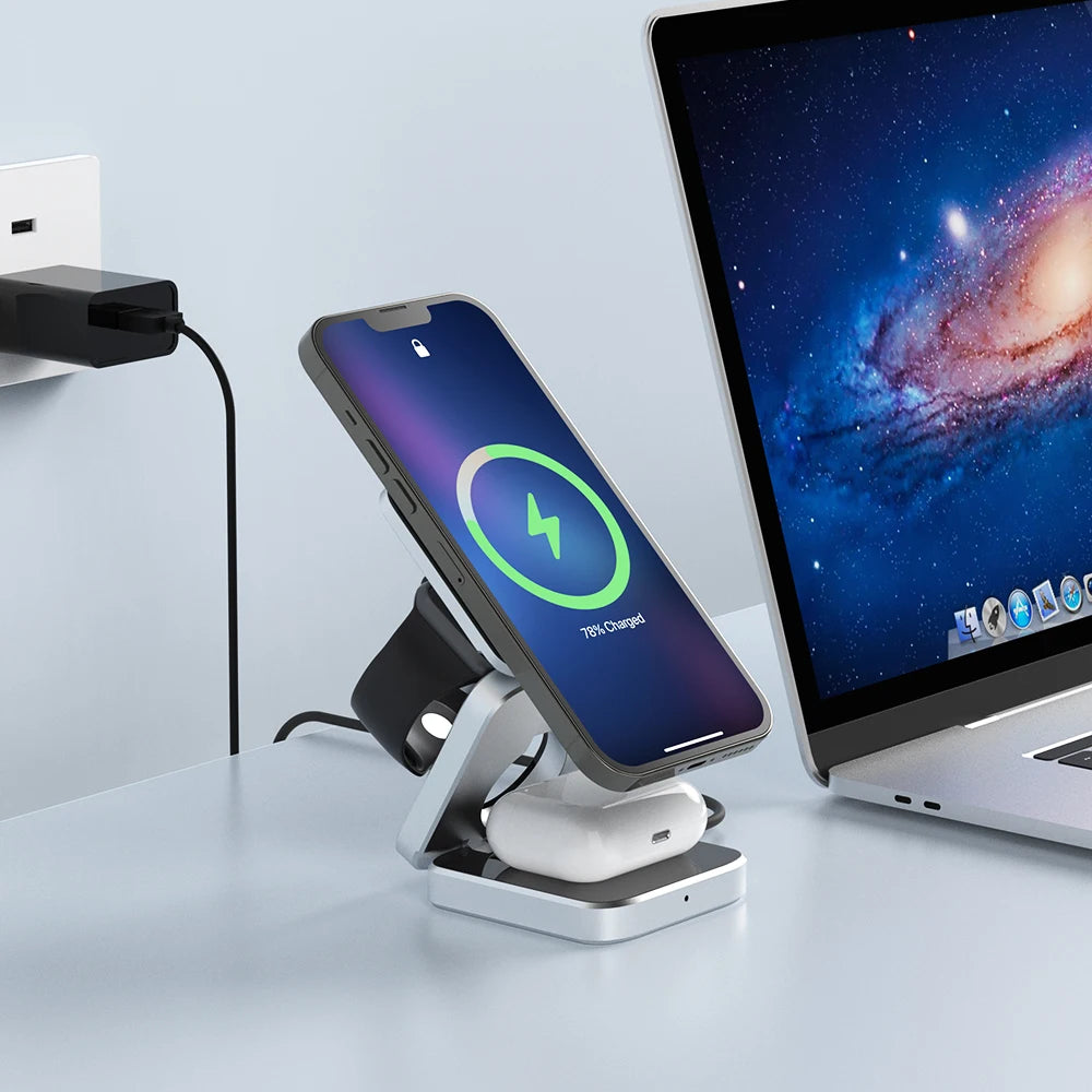 3 In 1 Foldable Magnetic Wireless Charger iPhone 15, 14, 13 Pro/Max/Plus, AirPods 3/2 Station Dock Fast Charger Holder