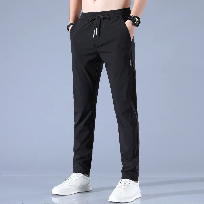 Ice Silk Men's Pants Summer New Black Gray Thin Business Casual Pants Outdoor Elastic