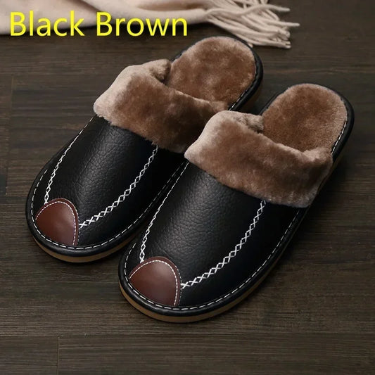 Men And Women Warm Leather Slippers