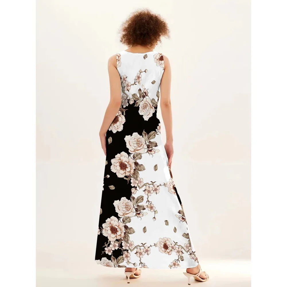 Flower Print New Casual Sleeveless Long Dress Linfit Retro Dresses