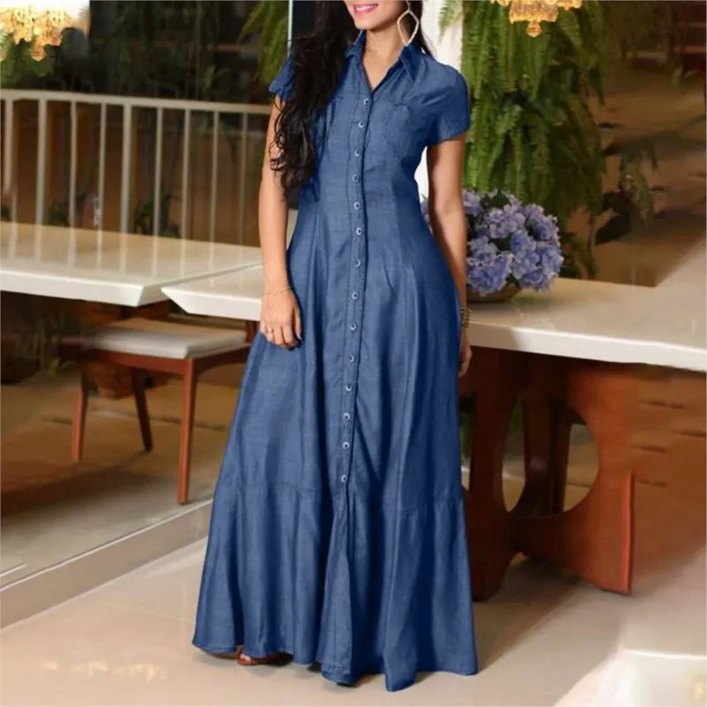 2024 Women New Lapel Pocket Splicing Casual Short Sleeved Swing Denim Dress