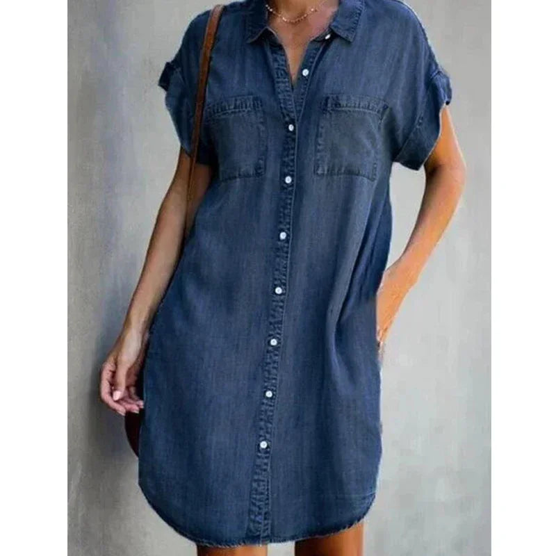 Women Denim Shirt Dresses Short Sleeve Distressed Jean Dress Button Down Casual Fashion Tunic Top