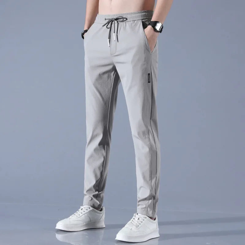 Ice Silk Men's Pants Summer New Black Gray Thin Business Casual Pants Outdoor Elastic