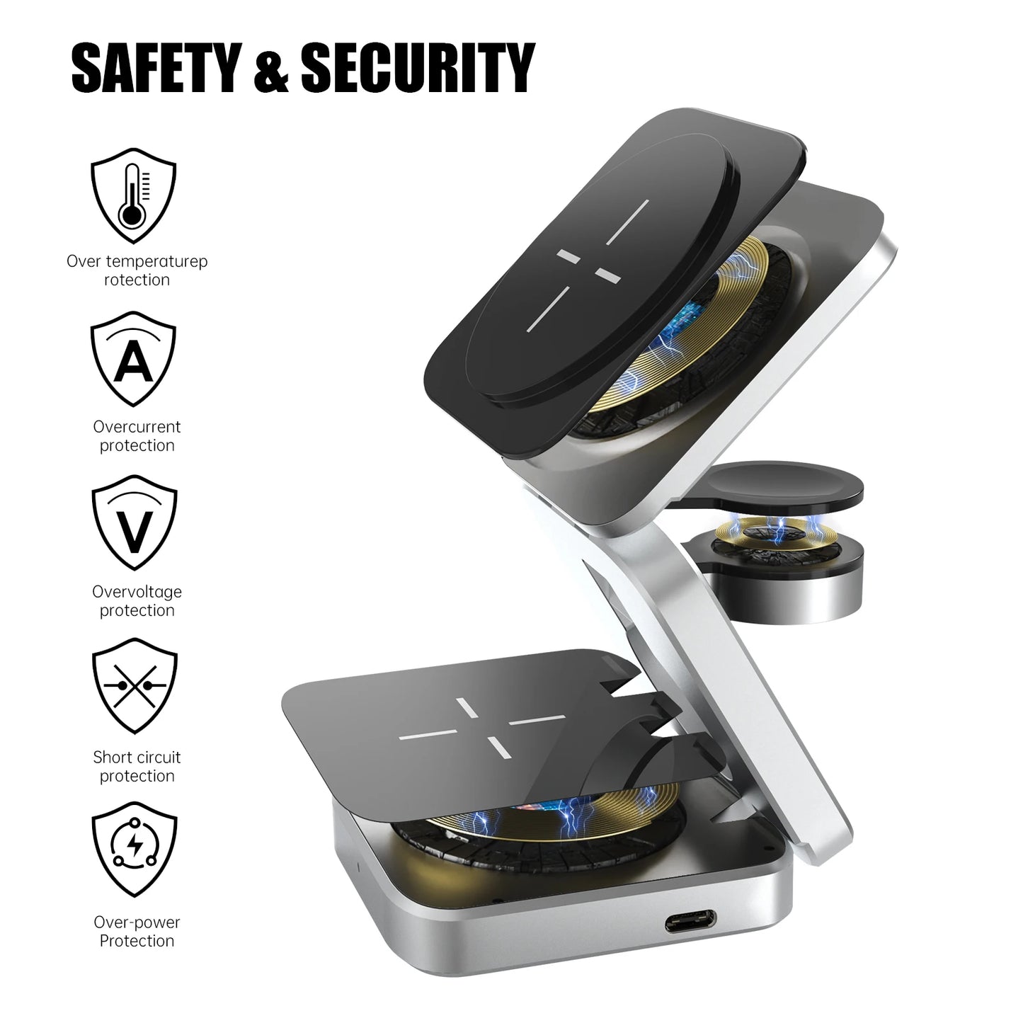 3 In 1 Foldable Magnetic Wireless Charger iPhone 15, 14, 13 Pro/Max/Plus, AirPods 3/2 Station Dock Fast Charger Holder