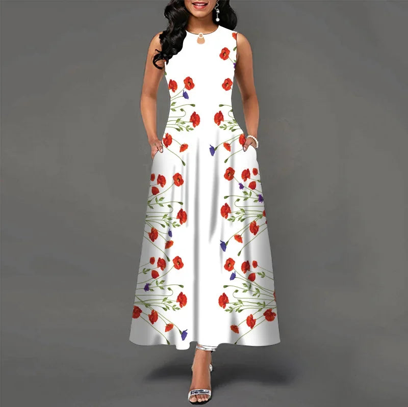 Flower Print New Casual Sleeveless Long Dress Linfit Retro Dresses