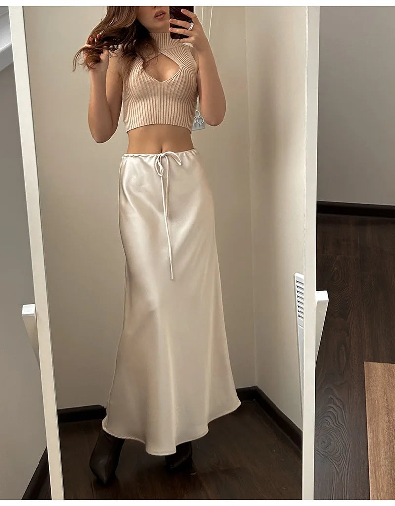 Streamgirl A Line Long Satin Skirts For Women Black 2024 Elegant High Waist Maxi Beige Skirts Silk Lace Up Long Skirt Women